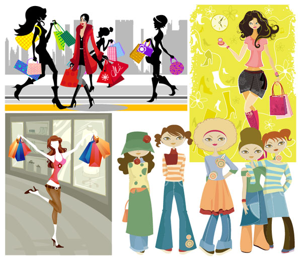 5款时尚购物女孩矢量素材