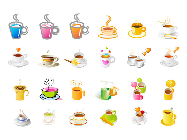 冒热气的咖啡杯矢量图标集合