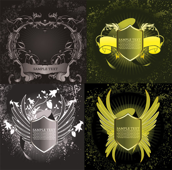 欧式盾牌花纹翅膀矢量素材