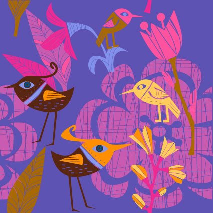 可爱的手绘花朵小鸟矢量素材-1