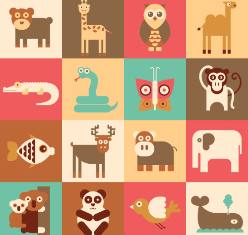 16 models of cartoon animals flat design vector material