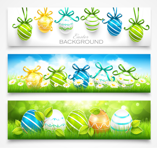 3 beautiful Easter eggs banner vector material