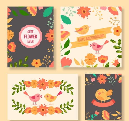 4 cute birds and flowers card vector