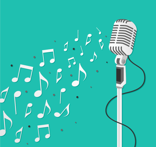 Silver vertical microphone and musical notes Vector