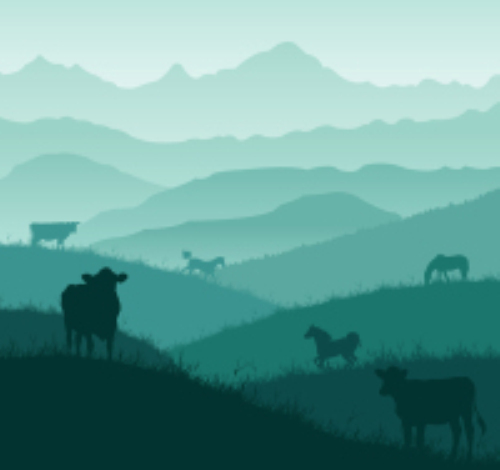 Cattle and horse silhouette vector material hillside