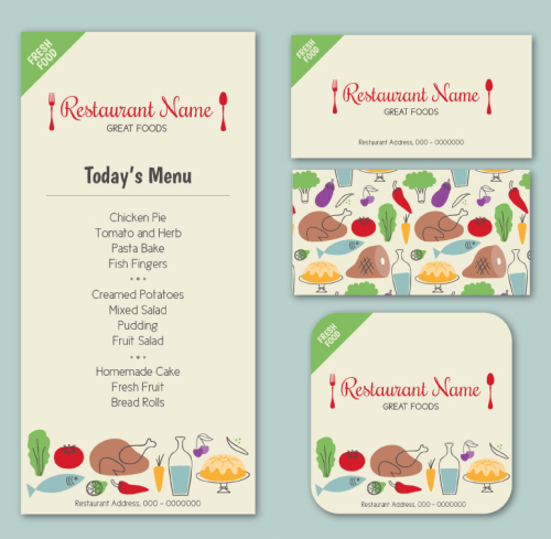 3 painted restaurant menu card vector