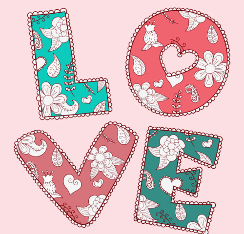 Hand-painted flower decoration love LOVE WordArt vector