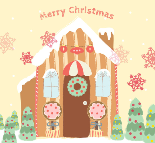 Cartoon Christmas greeting card vector material Cottage