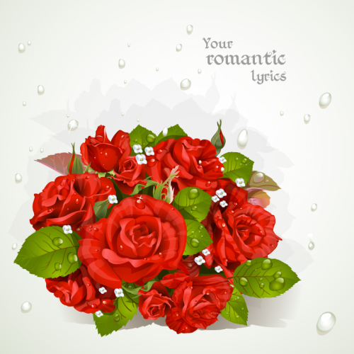 Bouquet of red roses with water drops greeting cards vector material