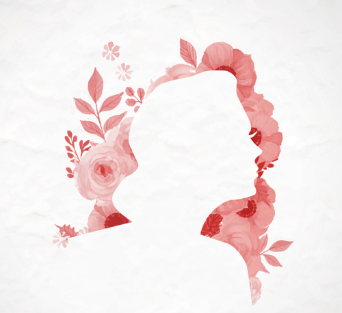 Watercolor flowers and woman silhouette vector material