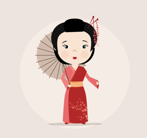 Vector cartoon umbrella Japanese woman