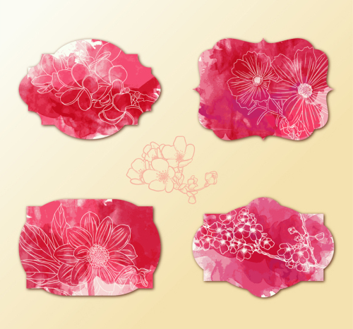 4 Creative watercolor flowers vector label