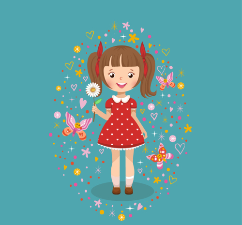 Cartoon red skirt girl vector material